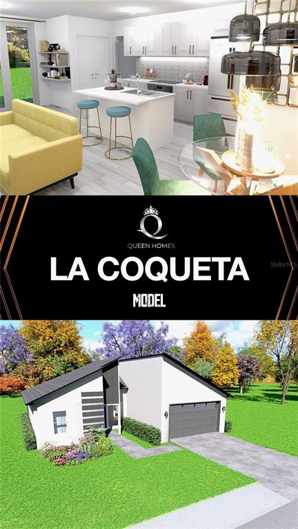 This rendering shows a modern kitchen with a yellow sofa and a contemporary house exterior — 4963 PALL MALL STREET E, KISSIMMEE, FL
