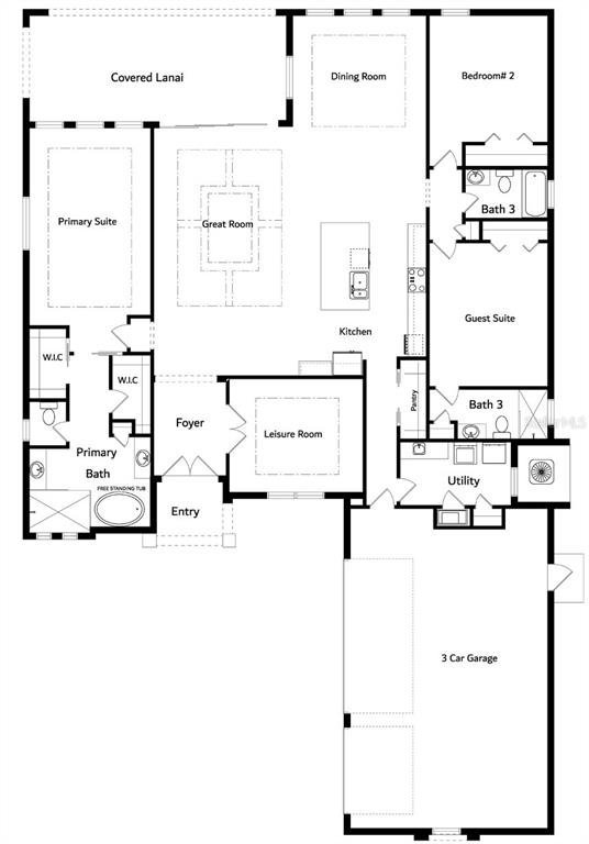 This floor plan shows a single-story house layout with a three-car garage and primary suite — 103 HERON DRIVE, PALM COAST, FL
