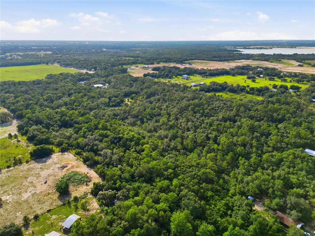 An aerial view shows a large, dense forest area surrounded by open fields and houses — HORSESHOE CREEK ROAD, DAVENPORT, FL