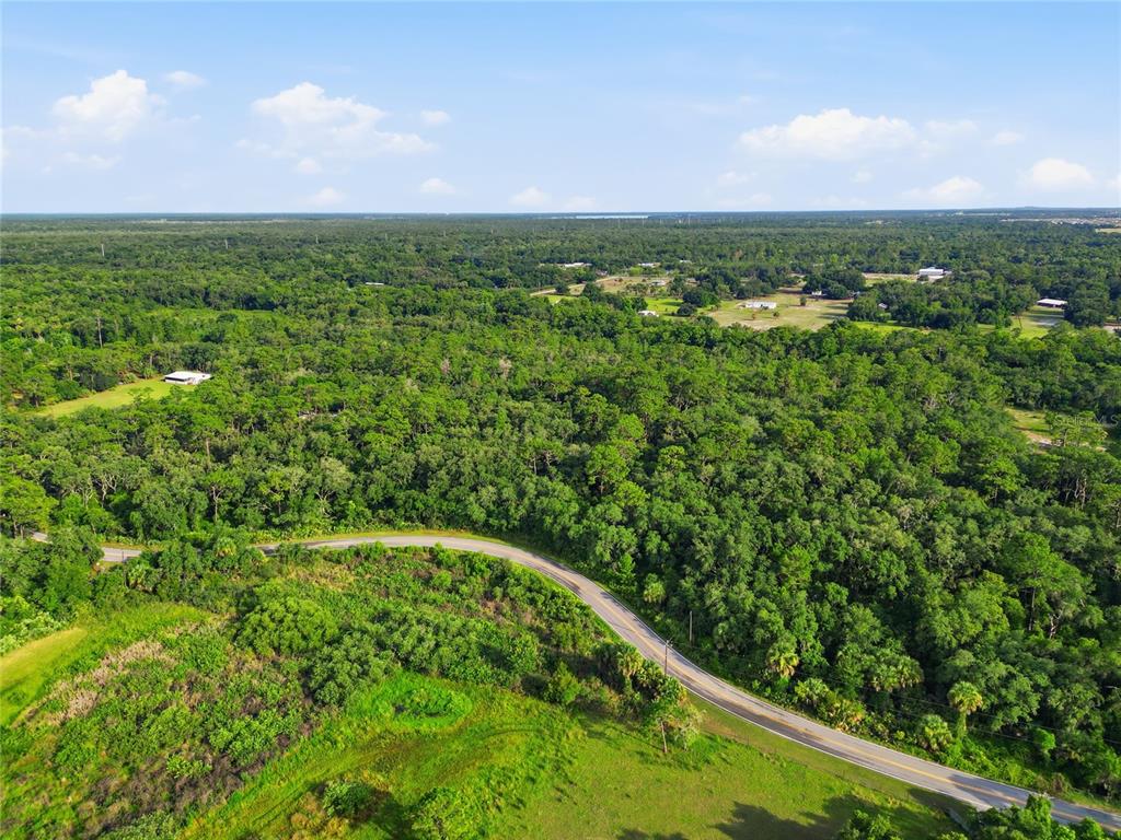 An aerial view shows a winding road cutting through a dense, wooded landscape — HORSESHOE CREEK ROAD, DAVENPORT, FL