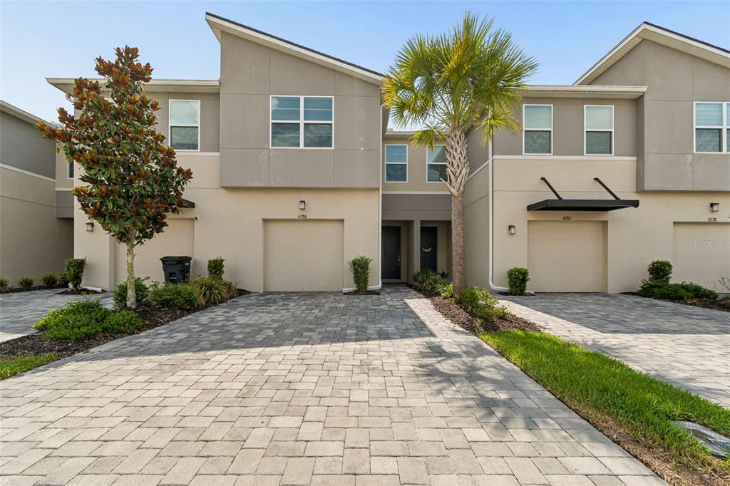 A two-story townhouse exterior features a paved driveway, a single-car garage, and a palm tree — 4286 CLOUD HOPPER WAY, LUTZ, FL