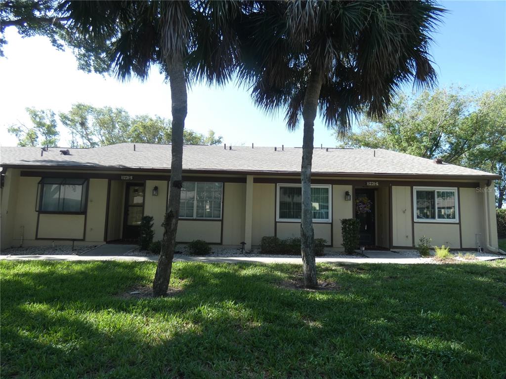 A single-story duplex with tan siding, brown trim, and two palm trees in the front yard — 11231 DOLLAR LAKE DRIVE UNIT 6, PORT RICHEY, FL