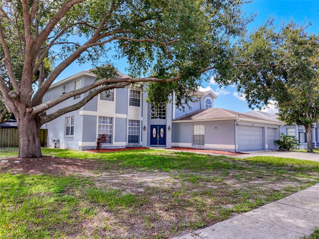 A two-story house with a blue exterior, double front doors, and a large oak tree — 13002 SAINT FILAGREE DRIVE, RIVERVIEW, FL