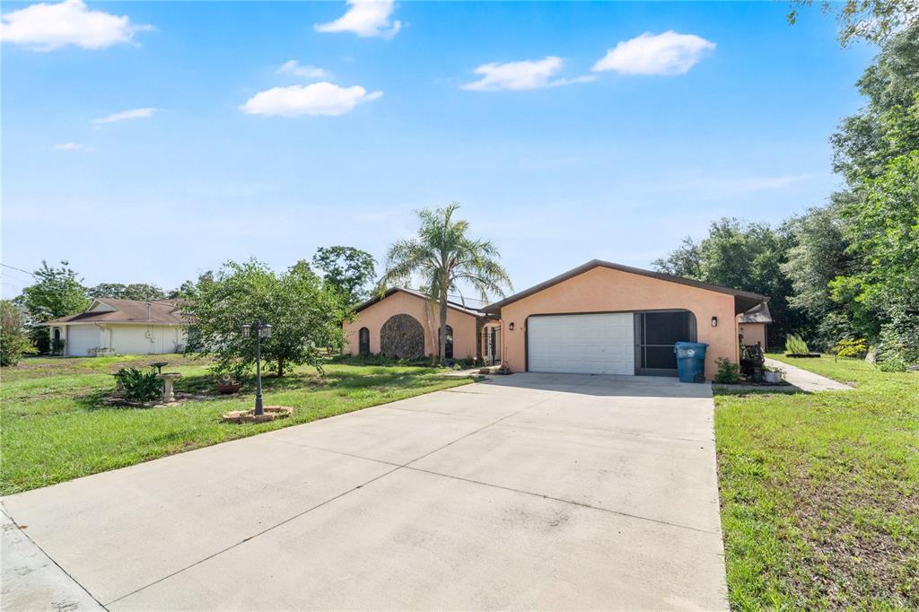 A peach-colored house with a concrete driveway, a palm tree, and a two-car garage — 2456 DANFORTH ROAD, SPRING HILL, FL