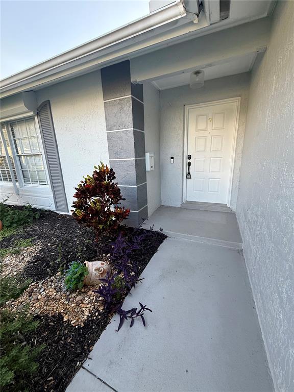 A white front door with a gray porch and a small garden bed — 970 AMY RIDGE COURT, KISSIMMEE, FL