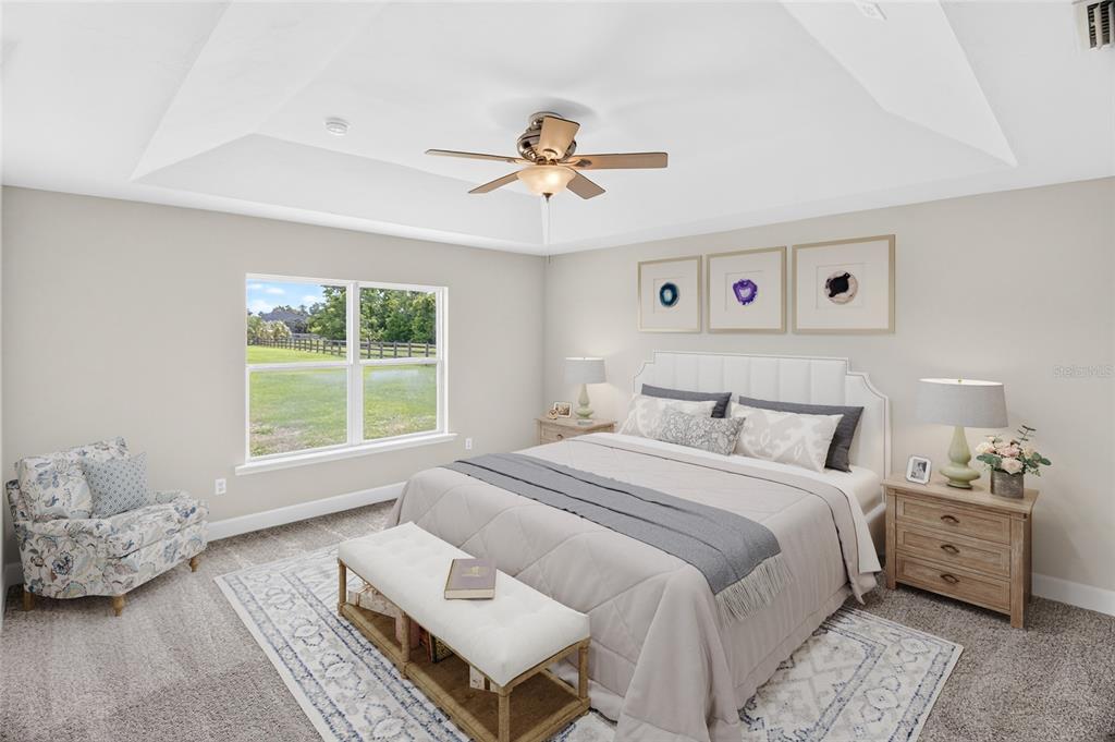 A bedroom features a tray ceiling, a king-sized bed, a patterned armchair, and a large window — 10064 SW 98TH LANE, GAINESVILLE, FL