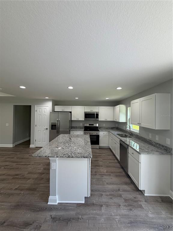A kitchen features white cabinets, granite countertops, a center island, and stainless steel appliances — 1987 LEMON DRIVE, LAKE WALES, FL