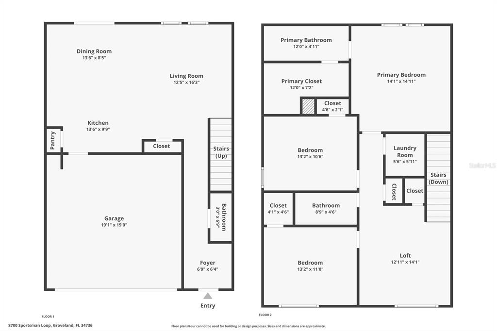 This is a two-story floor plan showing the layout of rooms, stairs, and closets — 8700 SPORTSMAN LOOP, GROVELAND, FL