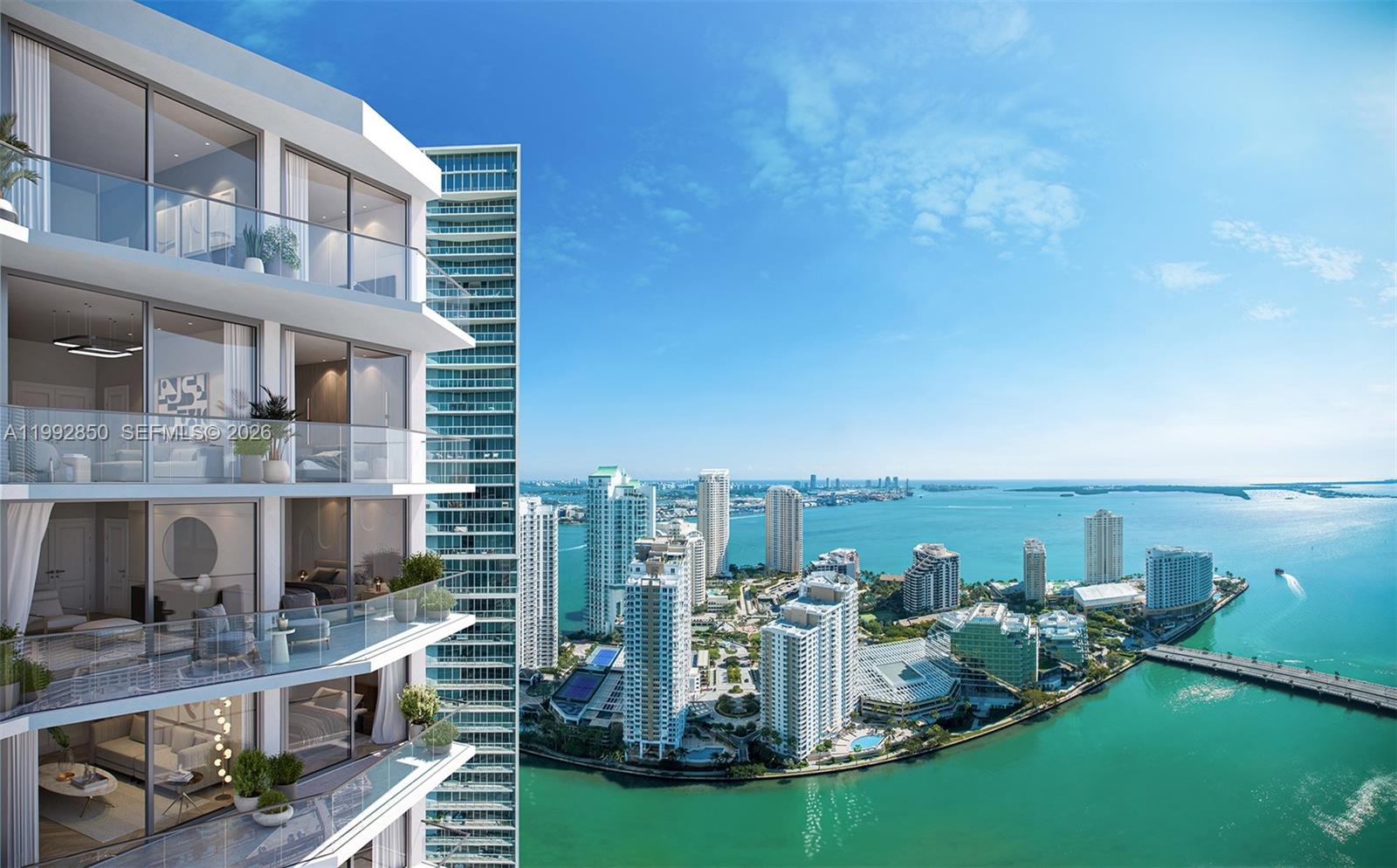 This architectural rendering shows a high-rise building exterior with balconies overlooking a coastal city skyline — 77 SE 5th Street # 2914, Miami FL 33131, MIAMI, FL