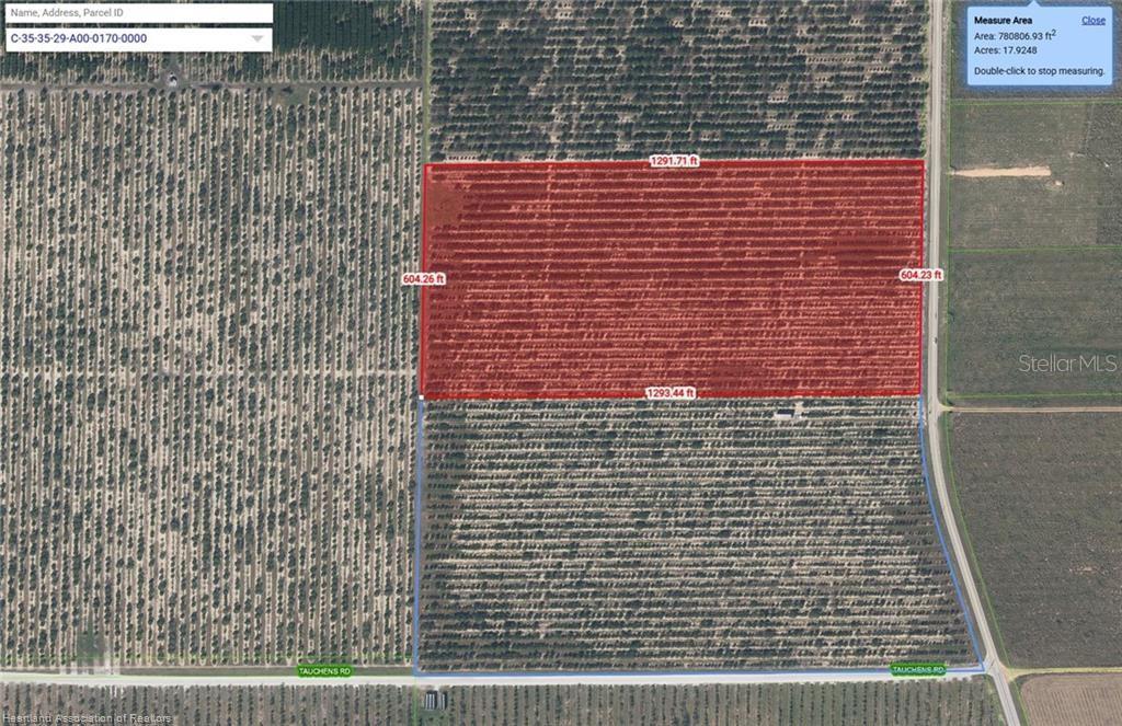 An aerial map shows a rectangular property parcel highlighted in red within a larger field — 8961 COUNTY ROAD 17 S, SEBRING, FL