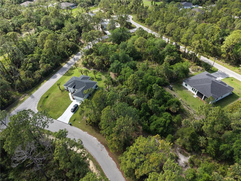An aerial view shows two houses surrounded by dense trees and a winding paved road — DE BRITA ROAD, NORTH PORT, FL