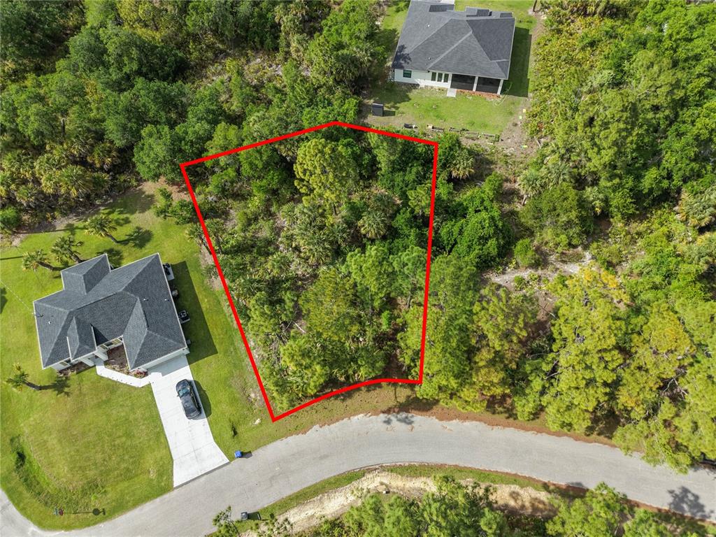 An aerial view shows a vacant, wooded residential lot outlined in red between two houses — DE BRITA ROAD, NORTH PORT, FL