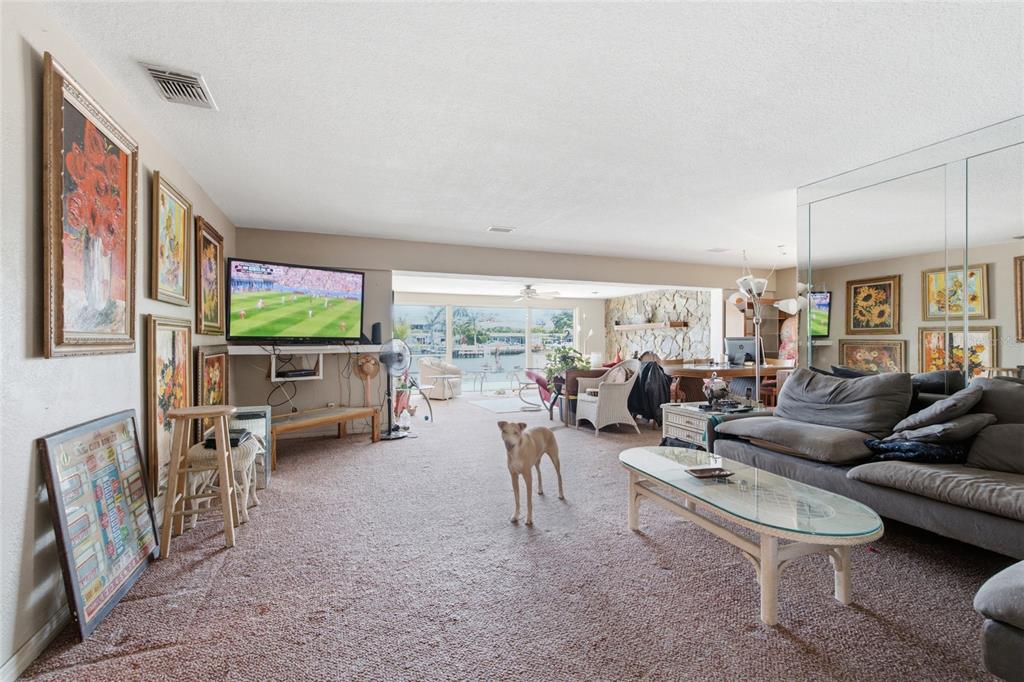 A living room features carpeted floors, a wall-mounted television, a glass coffee table, and waterfront views — 412 HERMOSITA DRIVE, ST PETERSBURG, FL