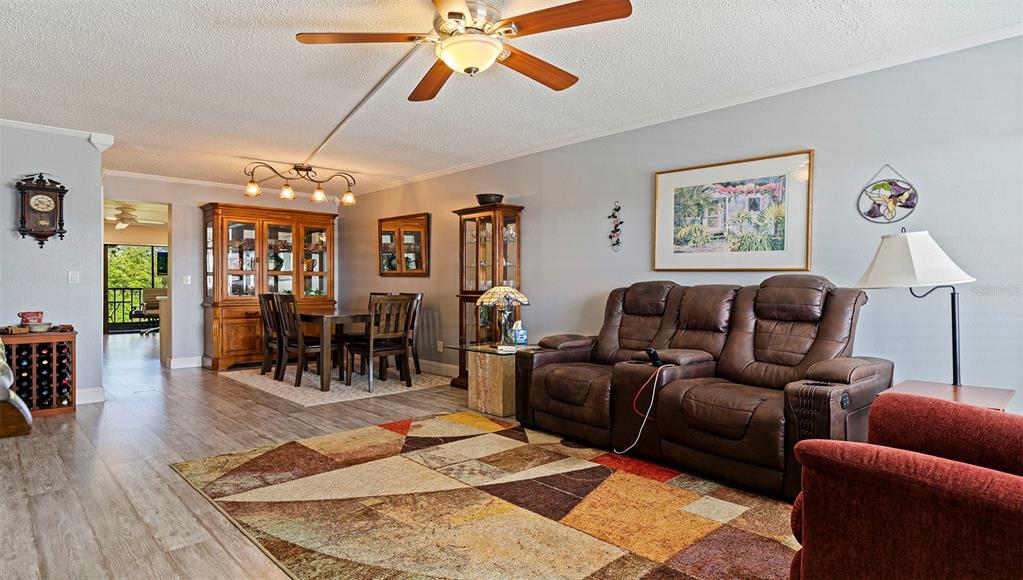A living and dining area features a brown leather sofa, patterned rug, and wooden furniture — 4910 BAY STREET NE UNIT 310, ST PETERSBURG, FL