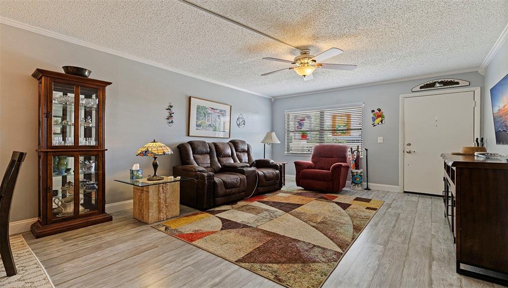 A living room features a brown reclining sofa, a red armchair, and a patterned rug — 4910 BAY STREET NE UNIT 310, ST PETERSBURG, FL