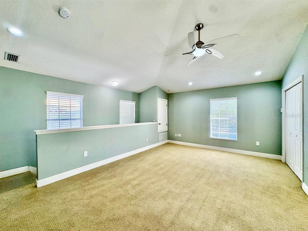A carpeted loft area features light green walls, a vaulted ceiling, and a ceiling fan — 14541 COTSWOLDS DRIVE UNIT B, TAMPA, FL