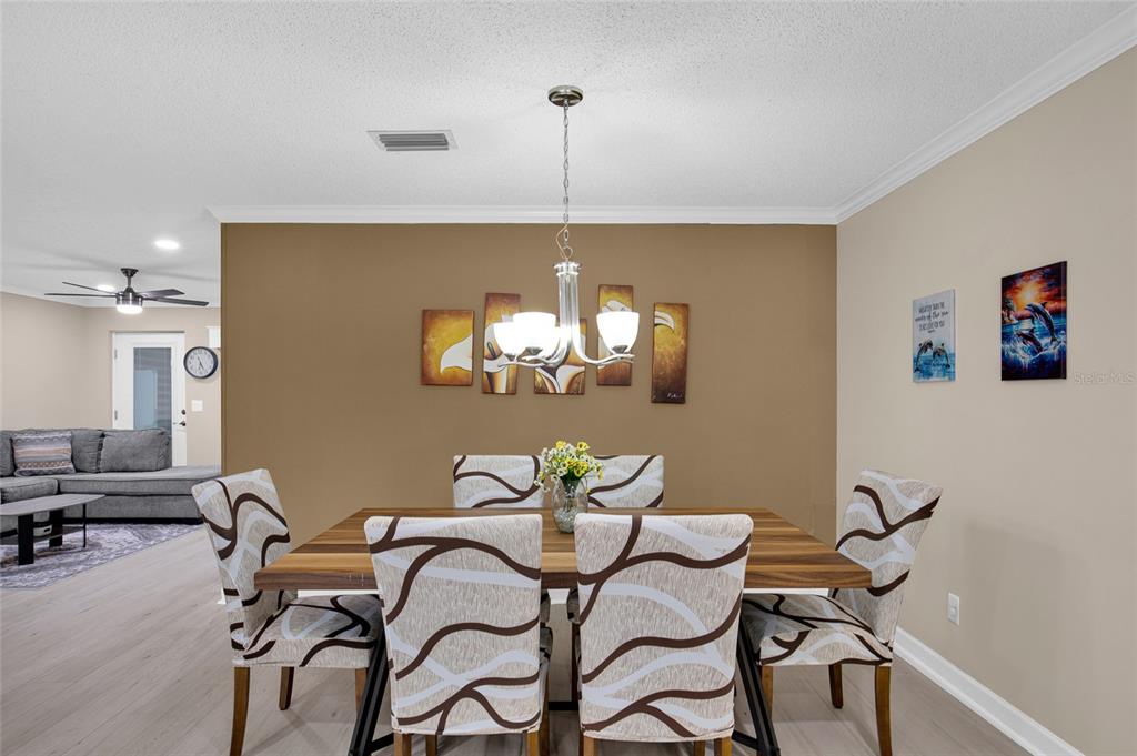 A dining room features a wood-top table with patterned chairs beneath a modern chandelier — 8883 SW 93RD LANE UNIT F, OCALA, FL