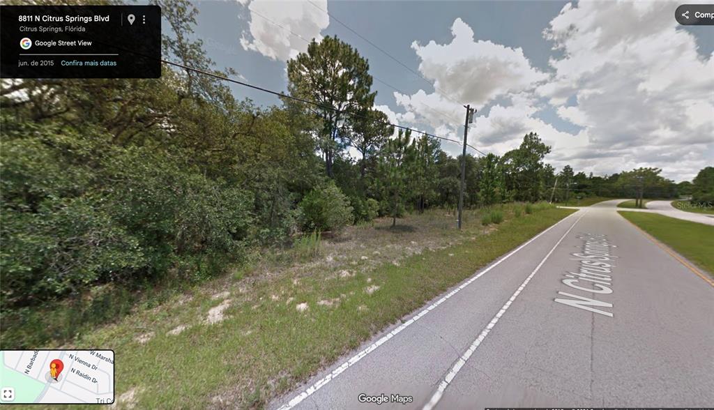 A street-level view shows a vacant, wooded lot along a paved road in Florida — 8811 N CITRUS SPRINGS BOULEVARD, CITRUS SPRINGS, FL
