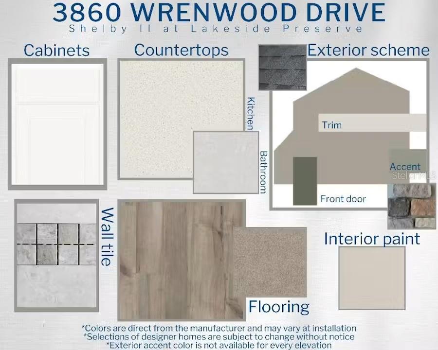 This design board displays material samples for cabinets, countertops, flooring, tile, and exterior paint colors — 3860 WRENWOOD DRIVE, LAKELAND, FL