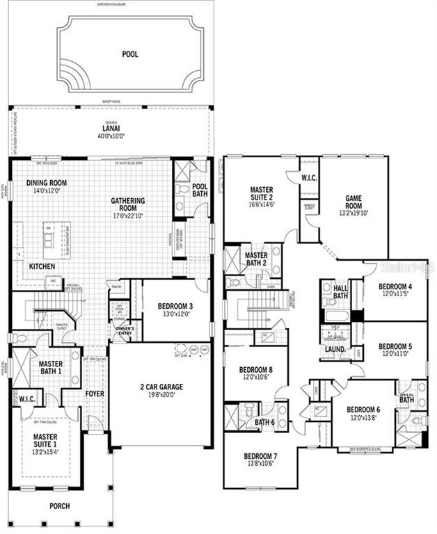 This is a two-story floor plan featuring eight bedrooms, multiple bathrooms, a pool, and a garage — 8951 HILTON RIDGE AVENUE, KISSIMMEE, FL