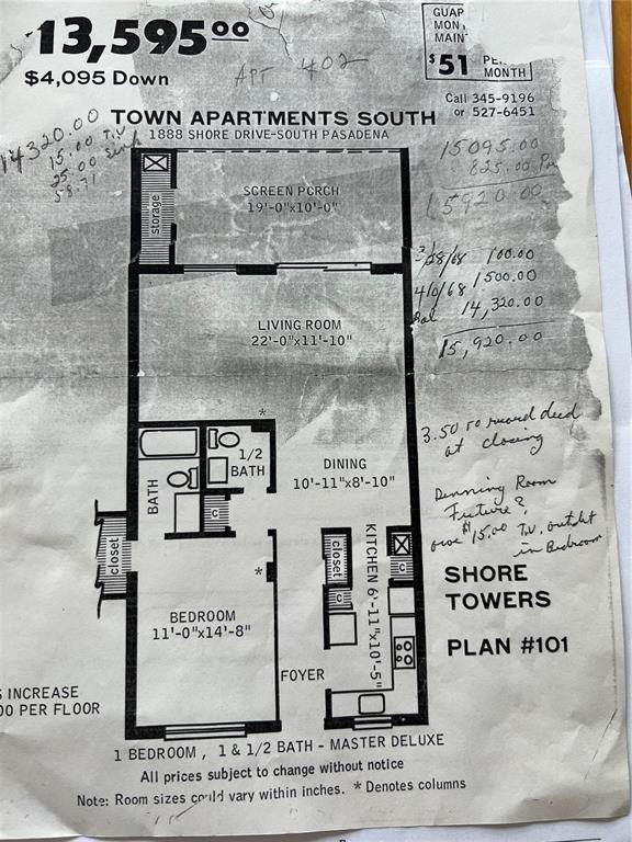 This is a vintage floor plan for a one-bedroom apartment with a screened porch — 1868 SHORE DRIVE S UNIT 102, SOUTH PASADENA, FL