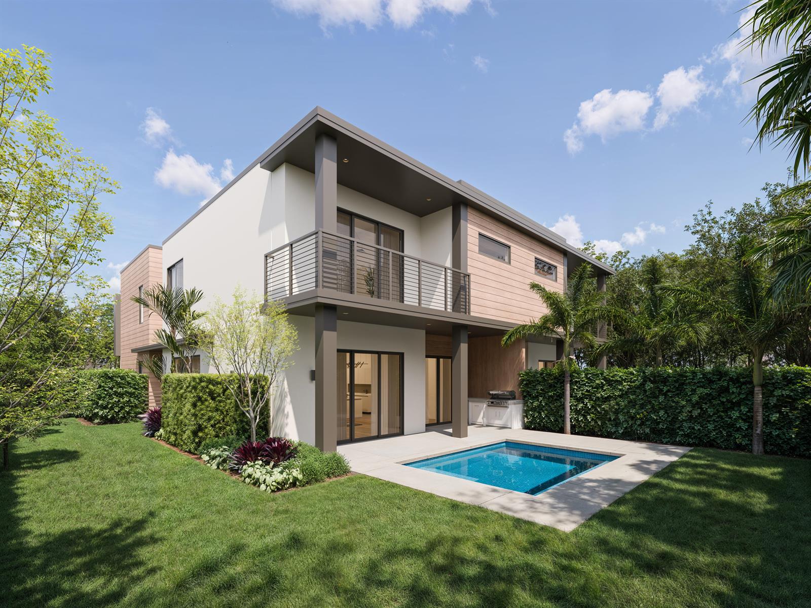 This architectural rendering shows a modern two-story house with a backyard pool and patio — 6820 NE Briskel Pointe Drive, FL 33487, FL