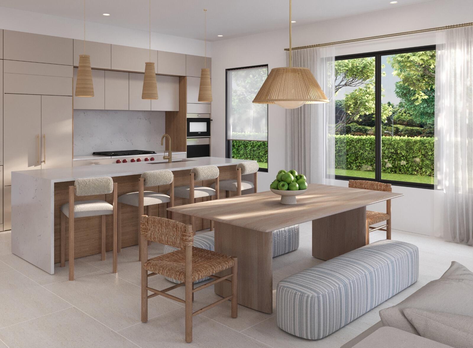 This rendering shows a modern kitchen and dining area with light wood cabinetry and furniture — 6820 NE Briskel Pointe Drive, FL 33487, FL