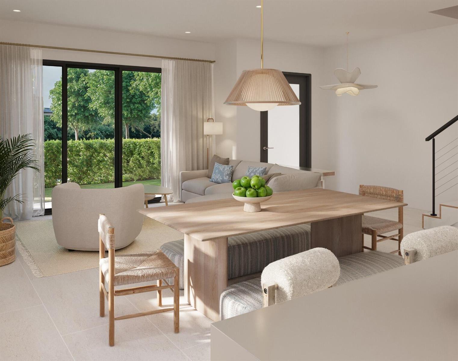 This rendering shows a modern open-concept dining and living area with light wood furniture — 6820 NE Briskel Pointe Drive, FL 33487, FL