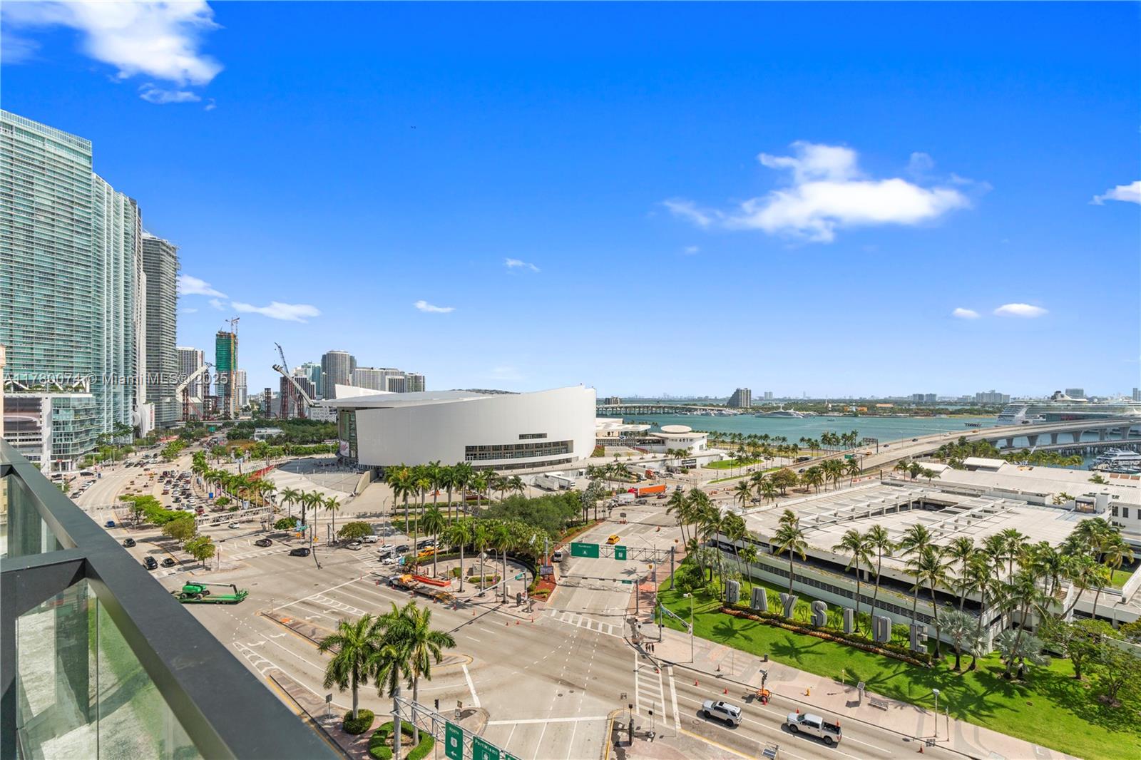 An elevated outdoor view of a city street, a large arena, and a waterfront area — 398 NE 5th St # 2119, Miami FL 33132, MIAMI, FL