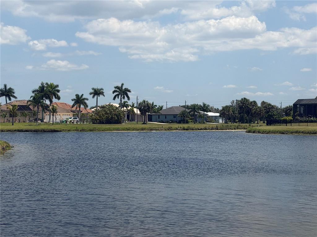 A view of a lake with houses and palm trees in the background — 16201 CAYMAN LANE, PUNTA GORDA, FL