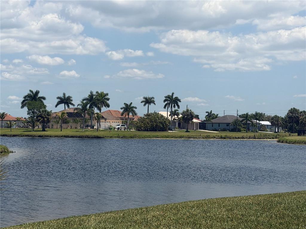 A view of a lake with houses and palm trees in the background — 16201 CAYMAN LANE, PUNTA GORDA, FL