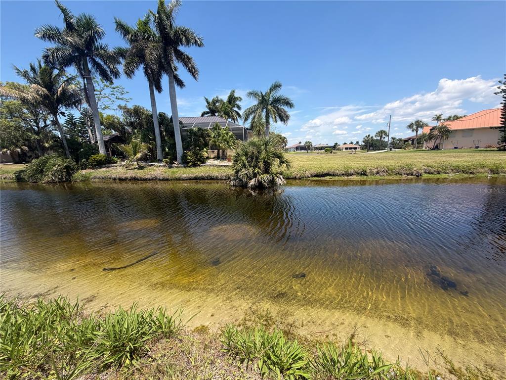 A canal flows in front of a grassy yard with palm trees and residential homes — 16201 CAYMAN LANE, PUNTA GORDA, FL