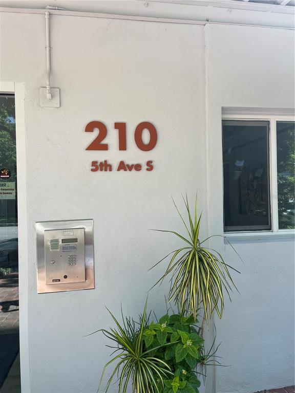 A building entrance features a metal intercom panel, a potted plant, and house numbers on stucco — 210 5TH AVENUE S UNIT 209, ST PETERSBURG, FL