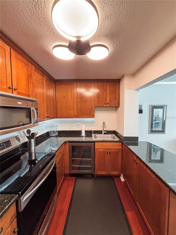 A kitchen features wood cabinets, dark countertops, stainless steel appliances, and a central ceiling light — 210 5TH AVENUE S UNIT 209, ST PETERSBURG, FL