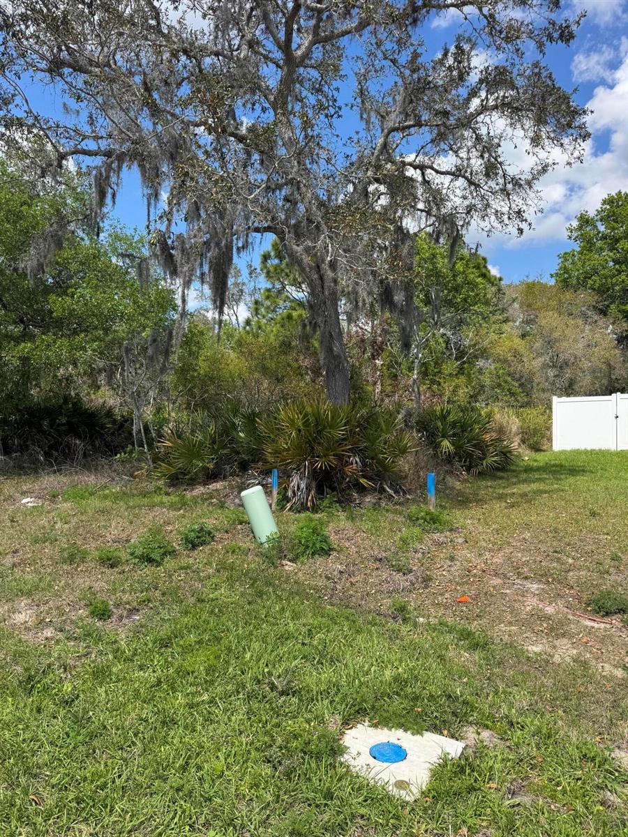 A grassy lot features a large tree with Spanish moss, utility markers, and a white fence — 1625 Pickerel Court, FL 34759, FL
