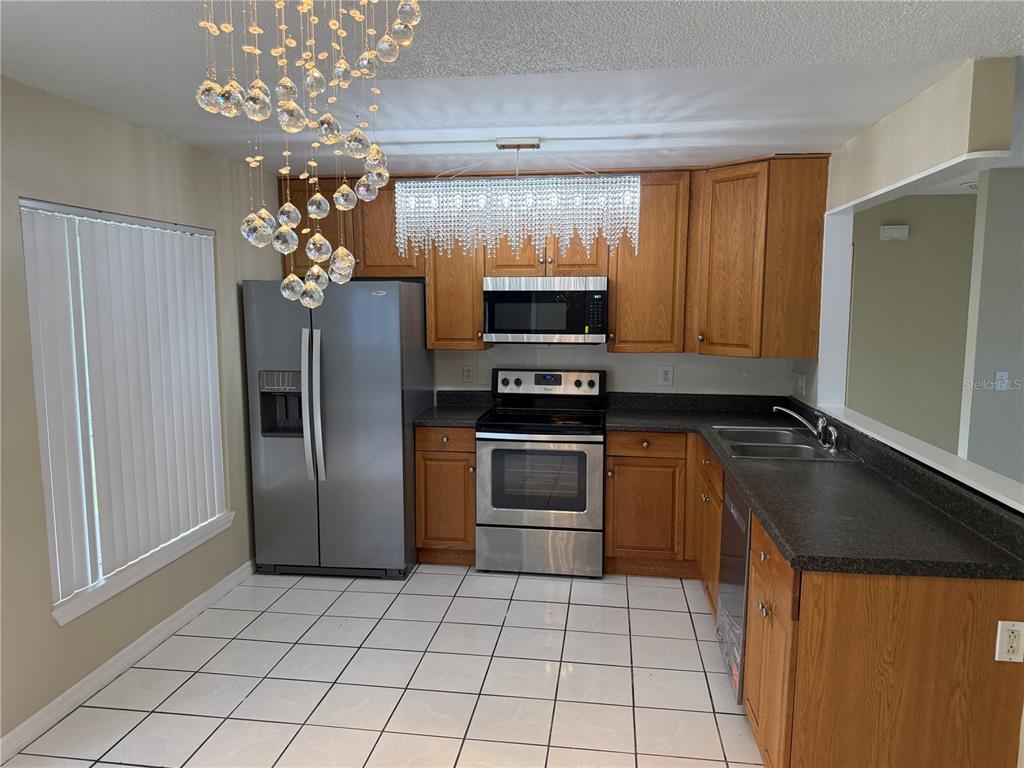 A kitchen features oak cabinets, stainless steel appliances, dark countertops, and two crystal light fixtures — 1069 BRIDLEWOOD WAY, BRANDON, FL