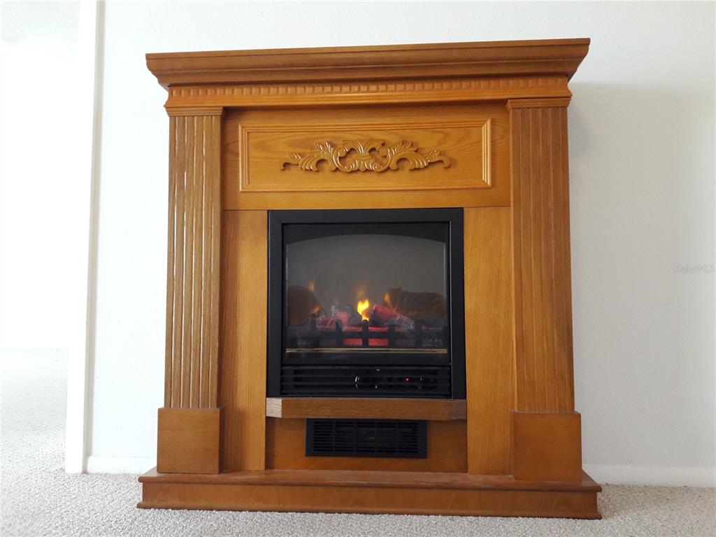 A wooden electric fireplace with decorative molding sits against a white wall on carpet — 101 LAKE AVENUE NE UNIT 222, LARGO, FL
