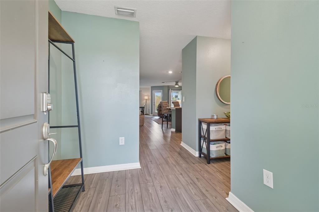 An entryway with light blue walls and wood-look flooring leads into an open living area — 5228 NEW FRIENDSHIP PLACE, TAMPA, FL