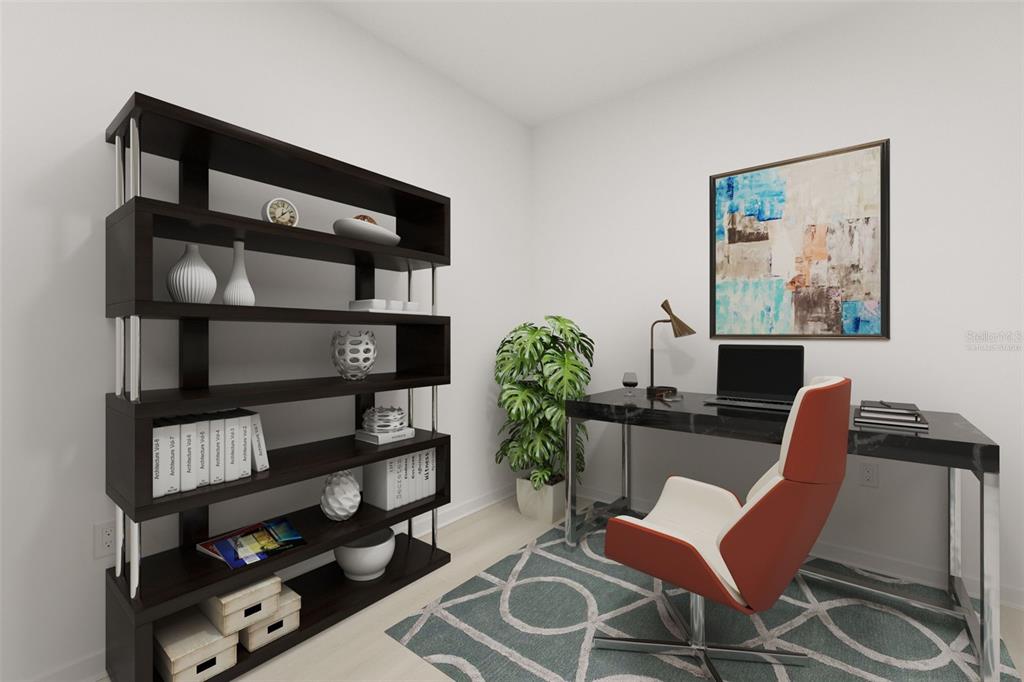 This is a digital rendering of a home office featuring a dark bookshelf and desk — 5587 MILLENIA PARK BOULEVARD UNIT 308, ORLANDO, FL