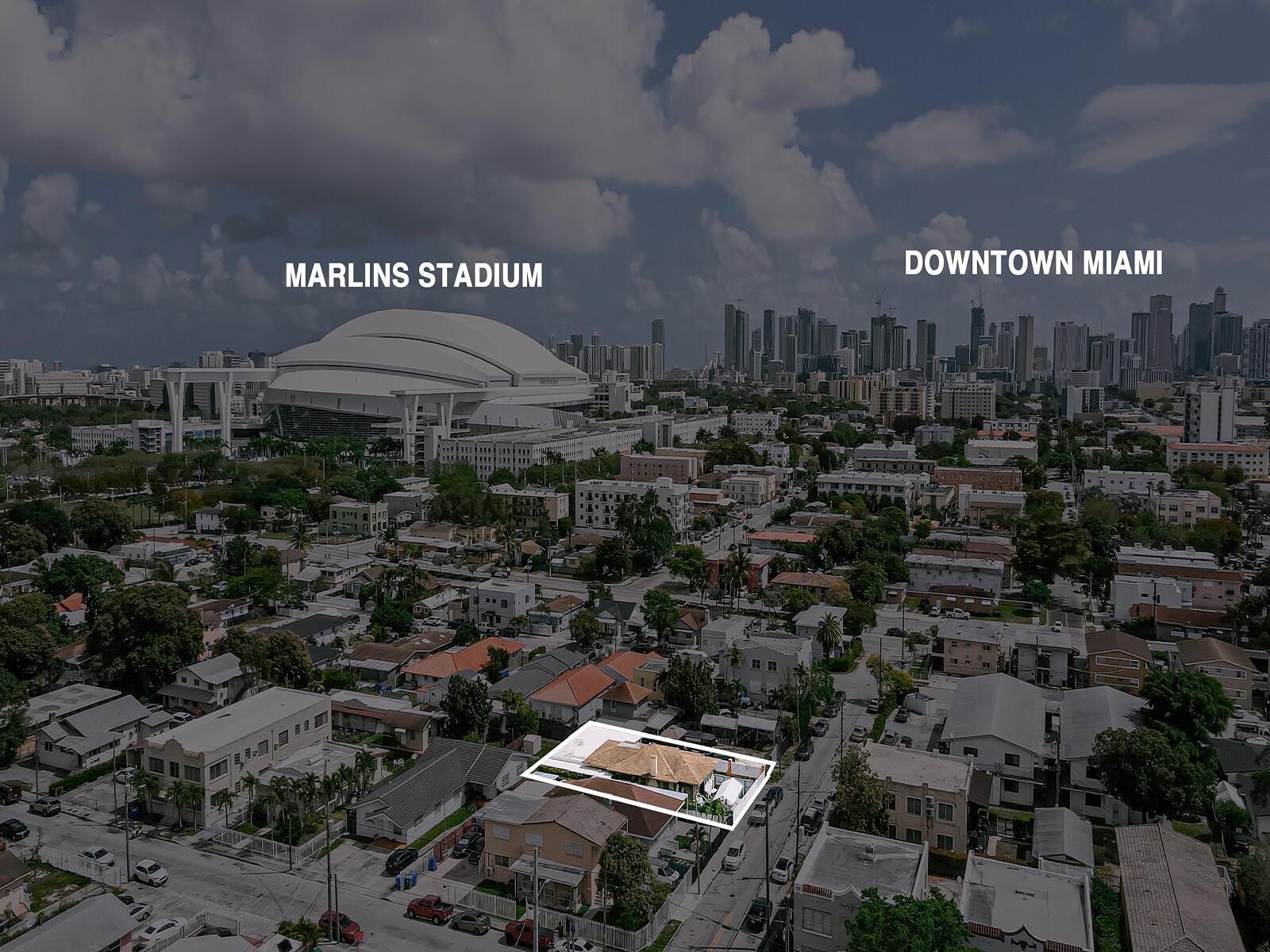 An aerial view shows a residential house highlighted in white within a dense urban neighborhood — 1757 NW 1st Street, Miami FL 33125, MIAMI, FL