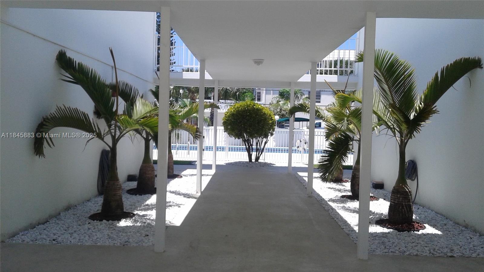 A covered walkway leads past palm trees in white gravel beds toward a swimming pool — 201 Sunrise Drive # 102, Key Biscayne FL 33149, KEY BISCAYNE, FL