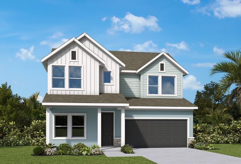 A digital rendering of a two-story house with blue siding, white vertical accents, and a garage — 630 KINGSWOOD COURT, BRADENTON, FL
