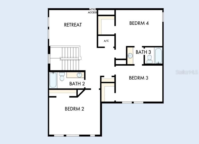 This floor plan shows the layout of an upper level with three bedrooms and two bathrooms — 630 KINGSWOOD COURT, BRADENTON, FL