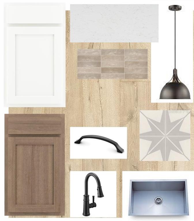 This is a digital design board showing kitchen cabinetry, countertop, tile, and hardware finish samples — 630 KINGSWOOD COURT, BRADENTON, FL