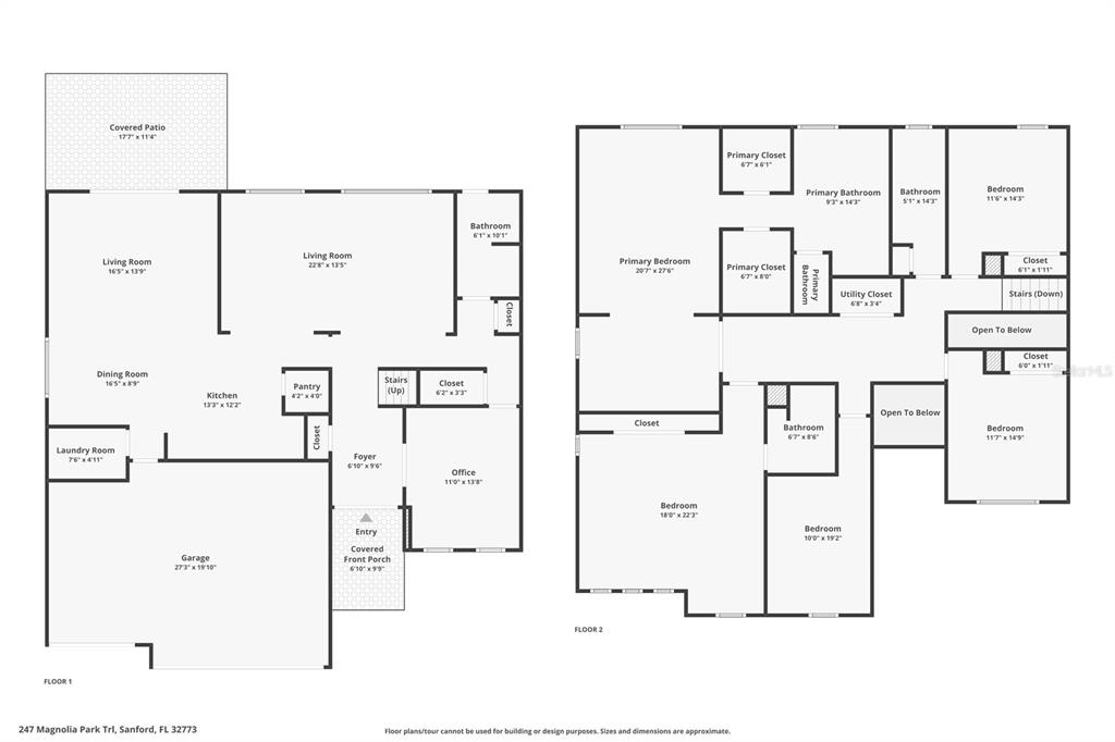 This is a floor plan showing the layout of a two-story residential home — 247 MAGNOLIA PARK TRAIL, SANFORD, FL