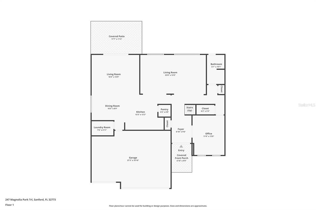 This is a floor plan of a single-story home featuring a garage, patio, and porch — 247 MAGNOLIA PARK TRAIL, SANFORD, FL