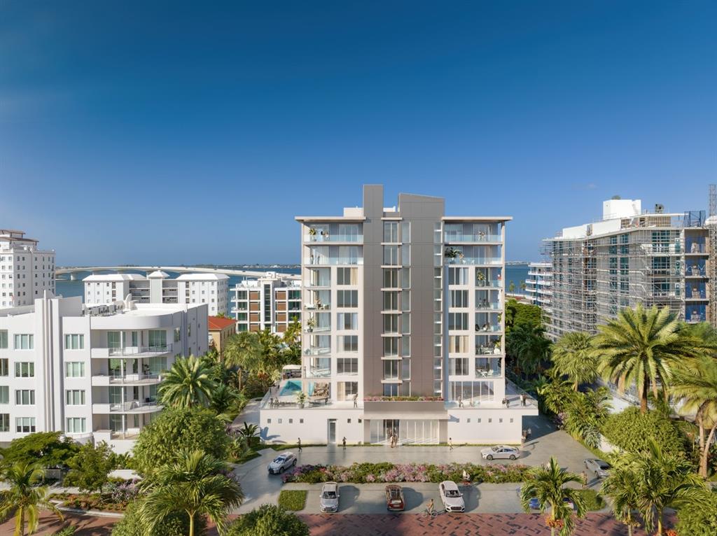 This is an architectural rendering of a modern multi-story residential building with surrounding landscaping — 621 GOLDEN GATE POINT, SARASOTA, FL