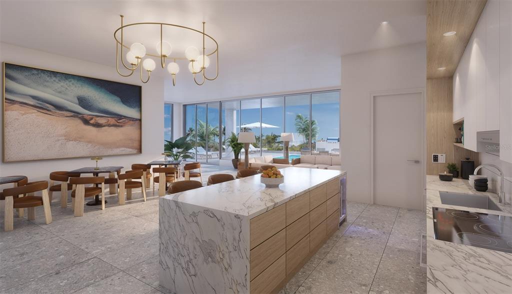 This rendering shows a modern kitchen and dining area with marble countertops and floor-to-ceiling windows — 621 GOLDEN GATE POINT, SARASOTA, FL
