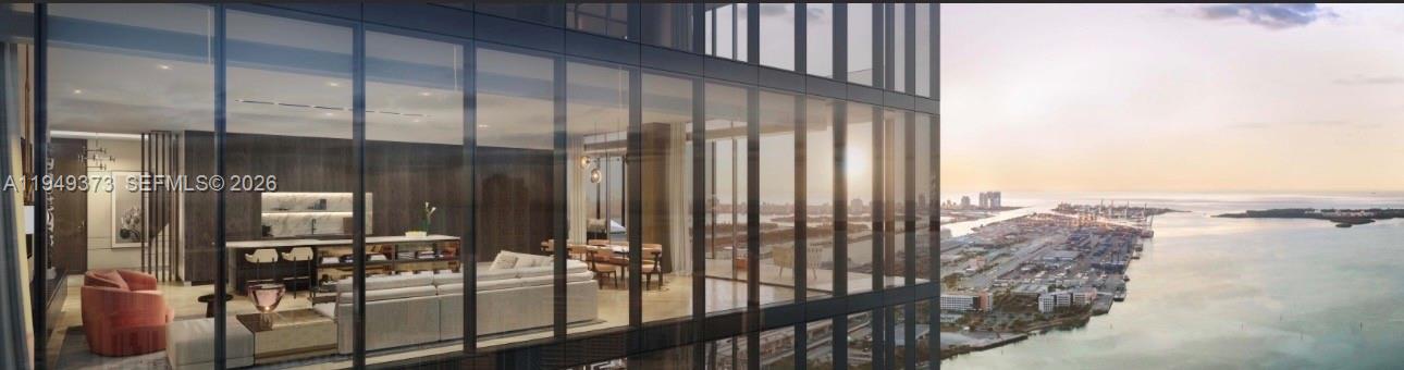 This rendering shows a modern open-plan living area with floor-to-ceiling windows overlooking a harbor — 300 N Biscayne Blvd. # 4608, Miami FL 33132, MIAMI, FL