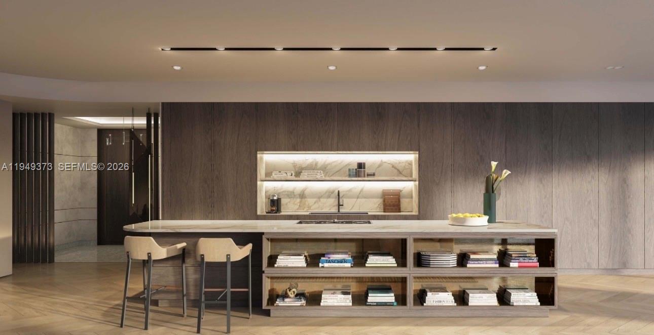 This rendering shows a modern kitchen with a large island, open shelving, and wood cabinetry — 300 N Biscayne Blvd. # 4608, Miami FL 33132, MIAMI, FL